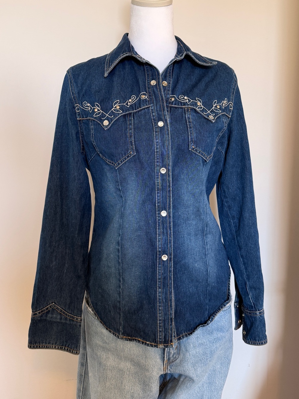 Vintage LAWMAN Western Denim Shirt with Floral Embroidery - Diamond Snap